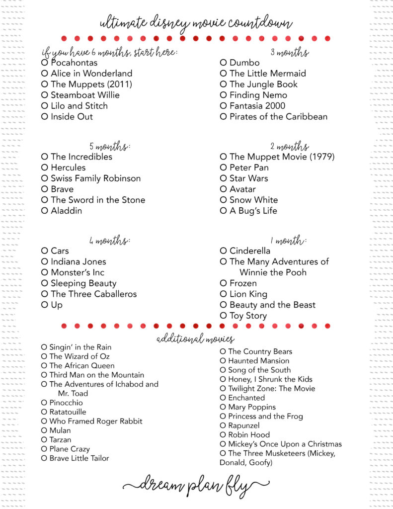Free Printable Countdown to Disney Movie Checklist - Dream Plan Fly